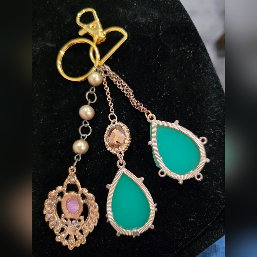 Upcycled Gold, Pink and Green Teardrop Pendant Bag Charm/Keychain
